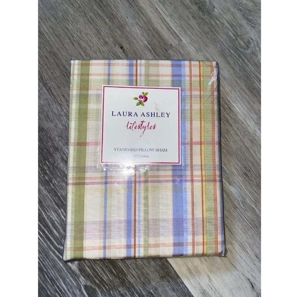 Standard 1 PILLOW SHAM Laura Ashley blue white green PLAID Summer Haven NEW